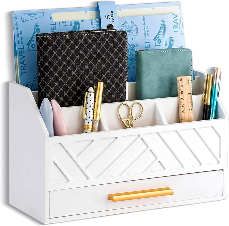 dreampossible white Wood Desk Organizer and Accessories with Drawer, Bill Mail Organizer and File Mail Holder for Office Supplies, Modern Desk Accessories & Workspace Organizers for Desk Organization - Image 1